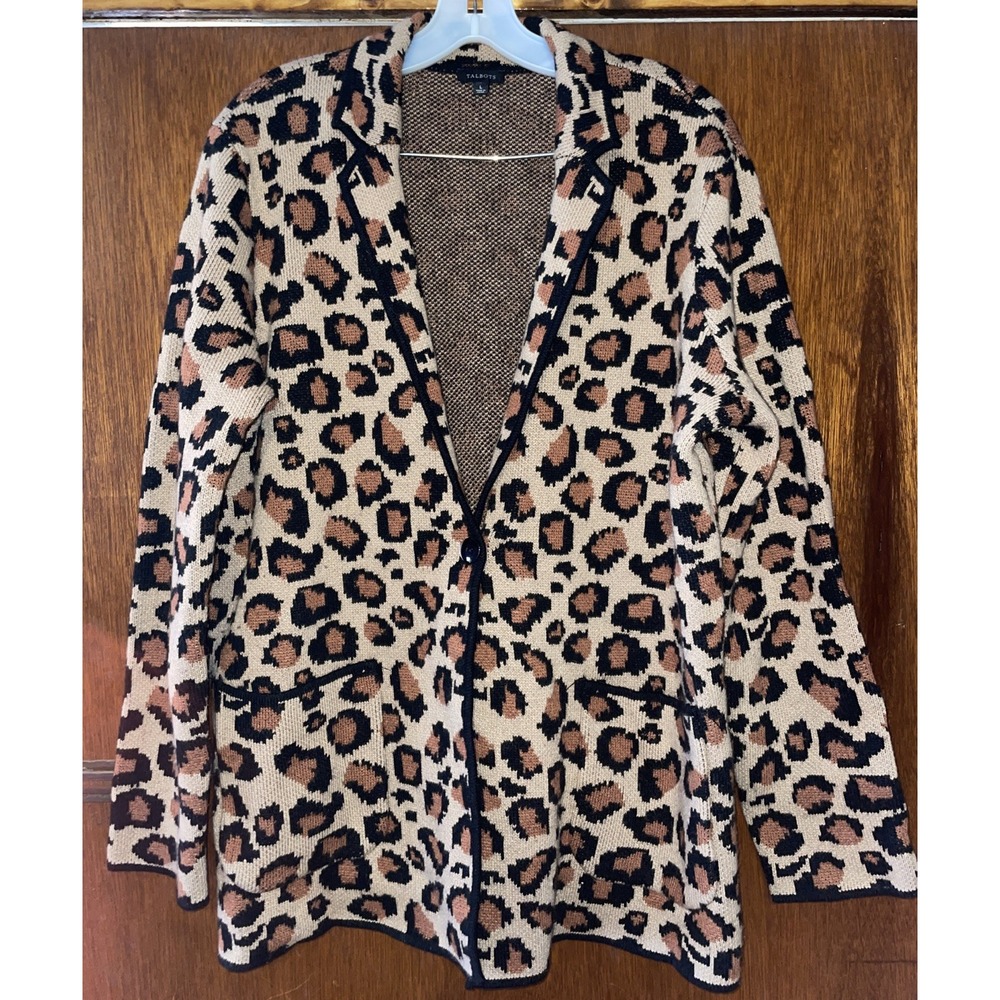 Talbots Leopard Cardigan Knit Blazer Size Large Wool Blend